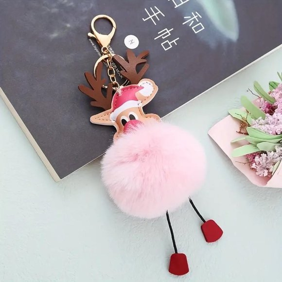 Reindeer Pom Pom Bag Charm Keychain Fuzzy Rudolph Red Nose Purse Pink GIFT - Picture 1 of 2